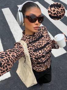 Muchica Leopardenmuster Stehkragen Napoleon Knopf Jacke für Frauen Lässig Western Rave Elegant Streetwear Nachtausgang Party Oberbekleidung Mantel Halloween Halloween - Braun - Übersicht 1