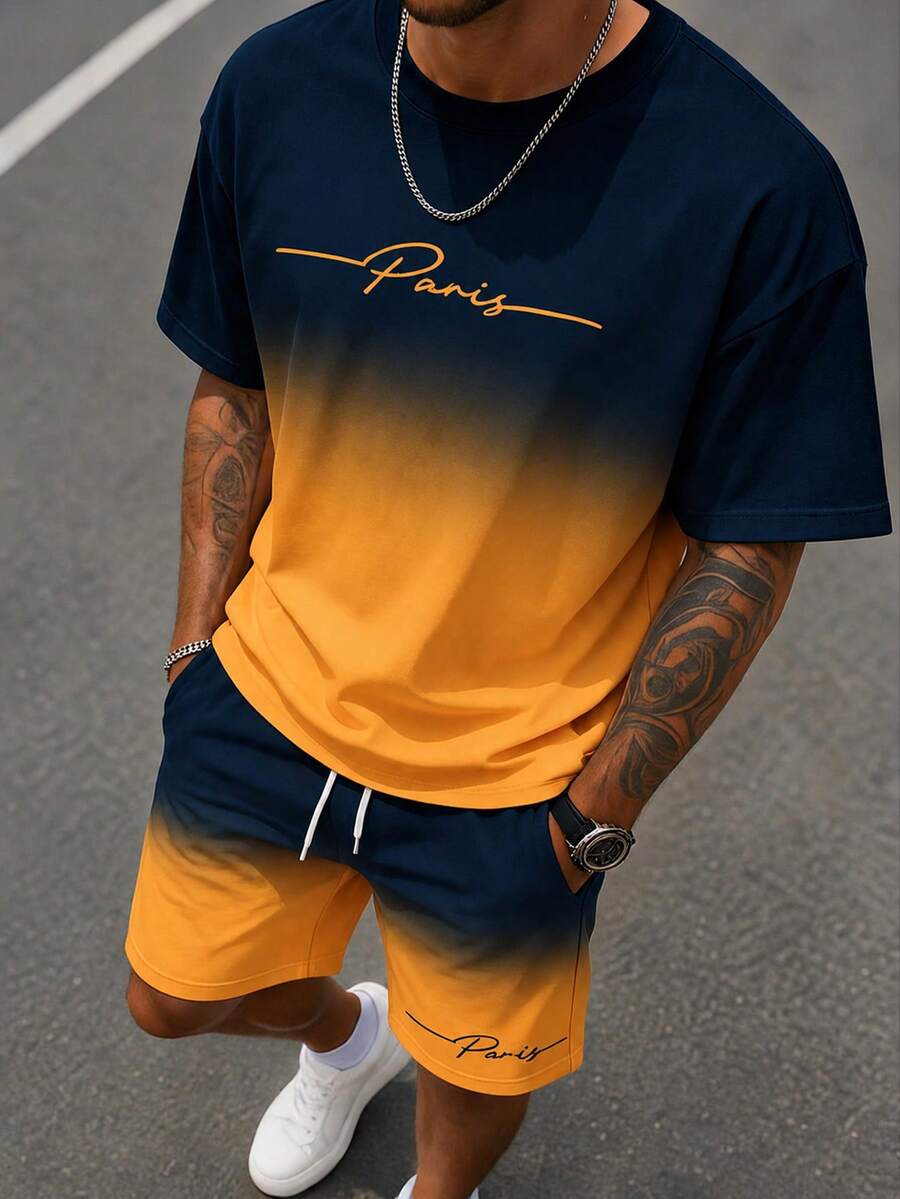 Sorvial Men's Gradient Print T-Shirt & Shorts Set - Pale Yellow - View 1