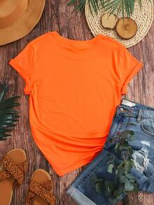 SHEIN CURVE+ Camiseta de manga corta casual para mujer con estampado floral de girasol, de estilo retro y elegante, adecuada para ir al trabajo, vacaciones y uso diario, estilo de primavera y verano, un regalo para hermanas y madres, top casual y de moda. - Naranja - Ver 2