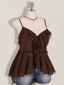 SHEIN ICON Plus Size Women's Ruffle Chiffon Solid Color Tie Strap Camisole - Brown - View 6