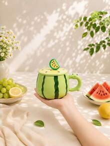 Creative Watermelon Ceramic Mug Gift Box With Lid & Straw, Cute Summer Couple Water Cup, Birthday Gift For Girls - Multicolor - View 5