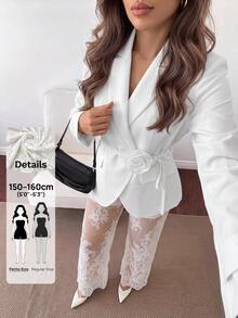 SHEIN PETITE Women's 3D Floral Decor Long Sleeve Top And Lace Long Pants Casual Daily 2 Pieces Set - White - View 4