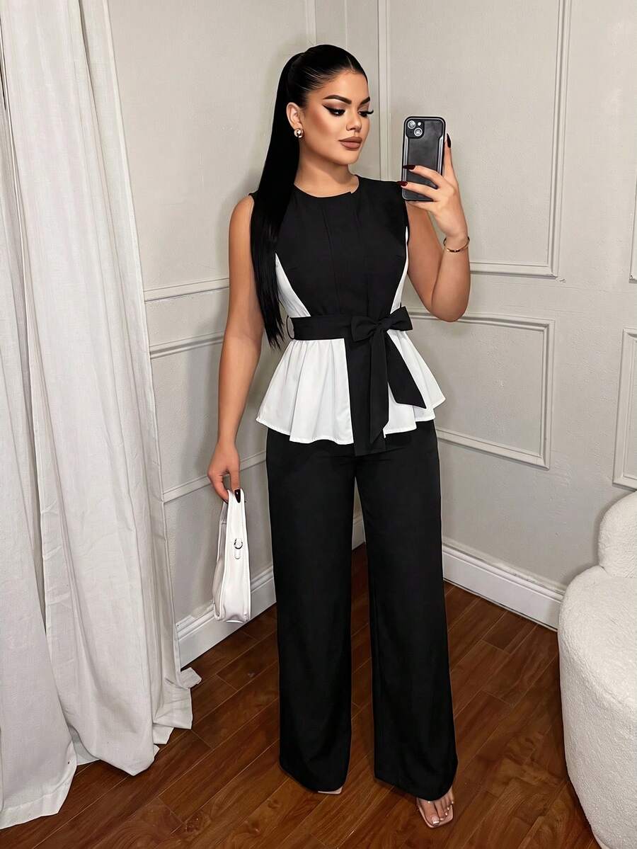 Vavine Classic Black & White Colorblock Commuter Round Neck Sleeveless Patchwork Top And High Waist Straight Leg Wide Leg Pants Set - Black and White - View 1
