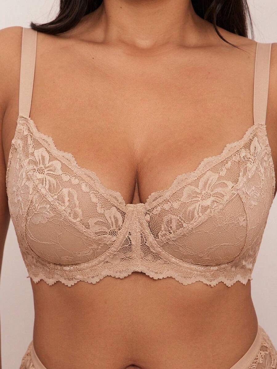 SHEIN BAE 1 件大码女士蕾丝拼布钢圈文胸,舒适,提升 - 棕色 - 查看 1