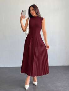 SHEIN PETITE 女款優雅百褶修身A字洋裝 - 酒紅色 - 查看 4