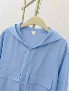 SHEIN 青少年女孩編織素色貼袋短版寬鬆休閒連帽外套 - 藍色 - 查看 8