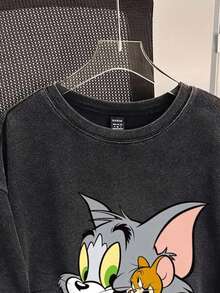 TOM & JERRY X SHEIN SHEIN EZwear 女款黑色針織雪花卡通印花寬鬆T恤，適合外出、街頭穿搭、機場、時尚、返校、Y2K、派對、海灘度假、假日 - 彩色 - 查看 4
