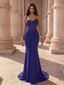 Coutiva 女士优雅水钻褶皱荷叶边鱼尾正式晚礼服 - 藏蓝色 - 查看 9