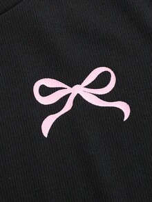 SHEIN 青少年女孩針織黑色與粉色蝴蝶結印花圖案T恤與長褲套裝，春/夏，返校季 - 黑色 - 查看 4