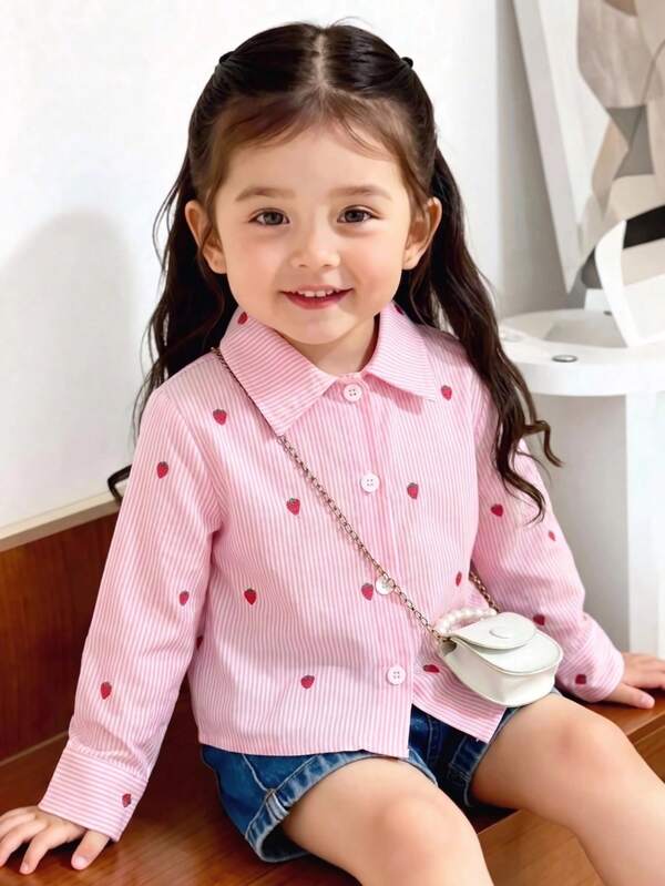 嬰兒/幼兒（女童）粉色條紋草莓印花上衣，甜美清新風格，俏皮可愛童趣氛圍。長袖襯衫版型，舒適自然穿著，適合日常外出、居家休閒與季節搭配，輕鬆打造甜美百搭造型。