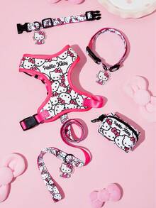 HELLO KITTY AND FRIENDS | SHEIN 甜美卡通印花寵物旅行套裝，包含背心式胸背帶、項圈與收納袋，堅固扣具方便穿戴，收納袋可放置拾便袋與零食，適合貓狗，多尺寸可選，亦可單獨購買 - 芭比粉 - 查看 1