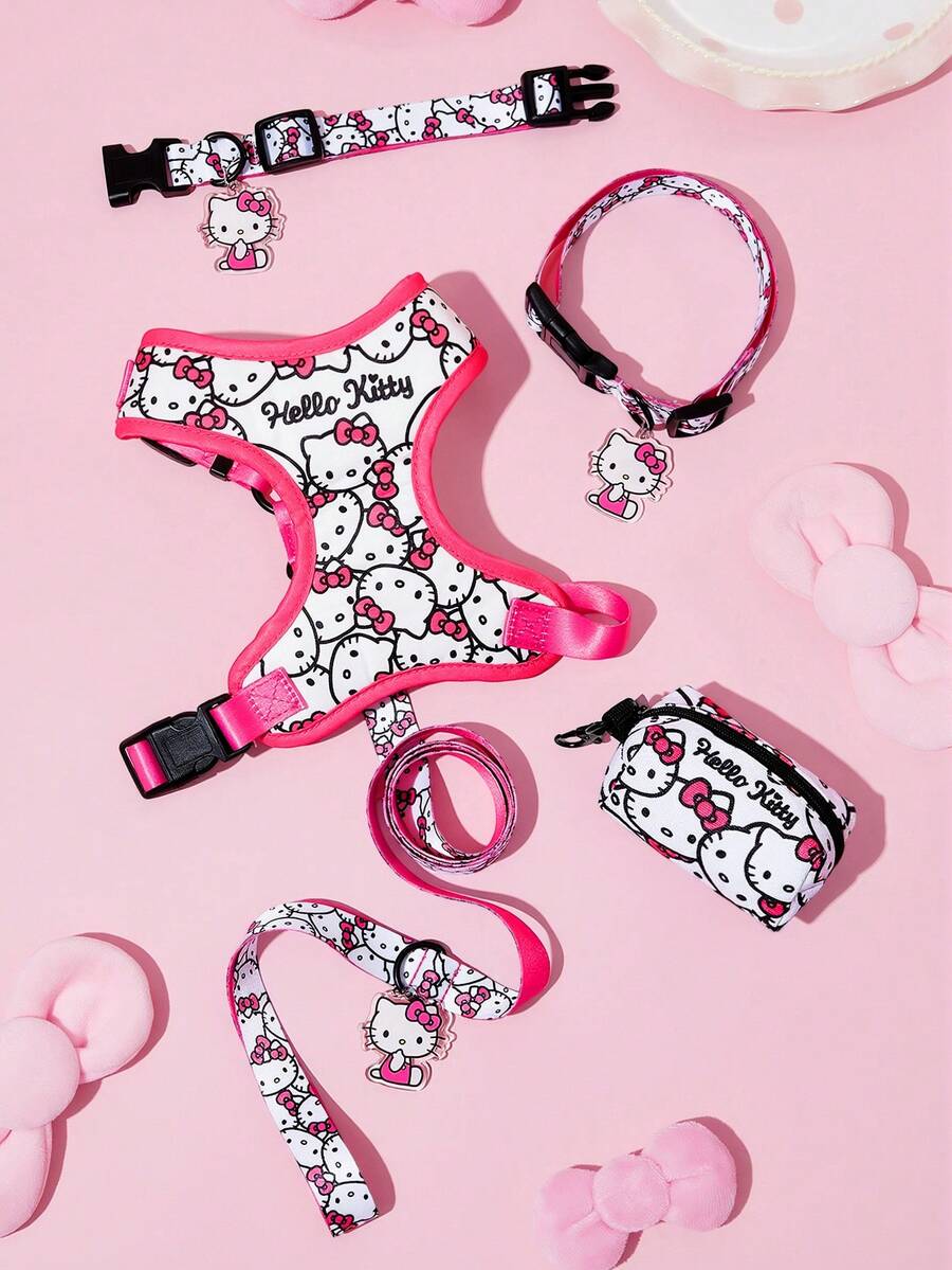 HELLO KITTY AND FRIENDS | SHEIN 甜美卡通印花寵物旅行套裝，包含背心式胸背帶、項圈與收納袋，堅固扣具方便穿戴，收納袋可放置拾便袋與零食，適合貓狗，多尺寸可選，亦可單獨購買 - 芭比粉 - 查看 1
