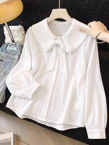 SHEIN 兒童青少年女孩春/秋季新款白色休閒甜美女款純色彼得潘領荷葉邊長袖襯衫，白色襯衫，返校季 - 白色 - 查看 1