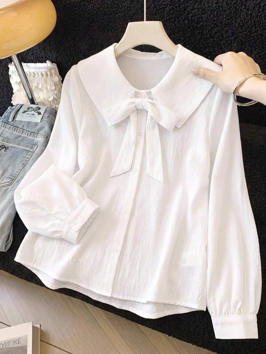 SHEIN 兒童青少年女孩春/秋季新款白色休閒甜美女款純色彼得潘領荷葉邊長袖襯衫,白色襯衫,返校季 - 白色 - 查看 1