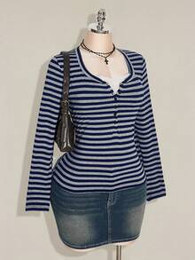 SHEIN ICON Women's Plus Size Autumn/Winter Contrast Lace Black & Grey Striped Slim Fit T-Shirt Fall - Navy Blue - View 8