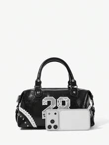 Viva Strut Ladies Bag, Spice Girl Style, Sweet Cool Girl Y2K Punk Style, Digital Embroidery Decoration, Lace Decorative Rivets, Pillow Bag, Slanted Shoulder Bag, - Black - View 4