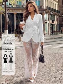 SHEIN PETITE Women's 3D Floral Decor Long Sleeve Top And Lace Long Pants Casual Daily 2 Pieces Set - White - View 9