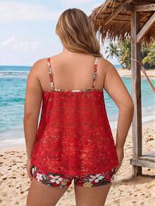 SHEIN CURVE+ Bikini Tank Wanita Ukuran Plus Musim Panas 2026 Model Longgar Jala Motif Patchwork Pinggang Tinggi dengan Celana Bikini 2 Potong - Merah - View 2