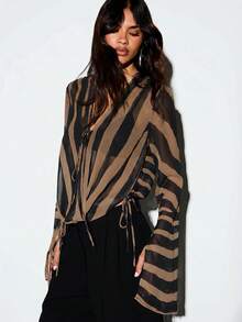 KIZN Sheer Zebra Print V-Neck Blouse With Flared Bell Sleeves And Tie Front Detail - Brown - View 5