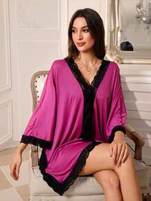 SHEIN 女款深V領蕾絲拼接性感日常居家睡衣套裝 - 玫紅色 - 查看 3