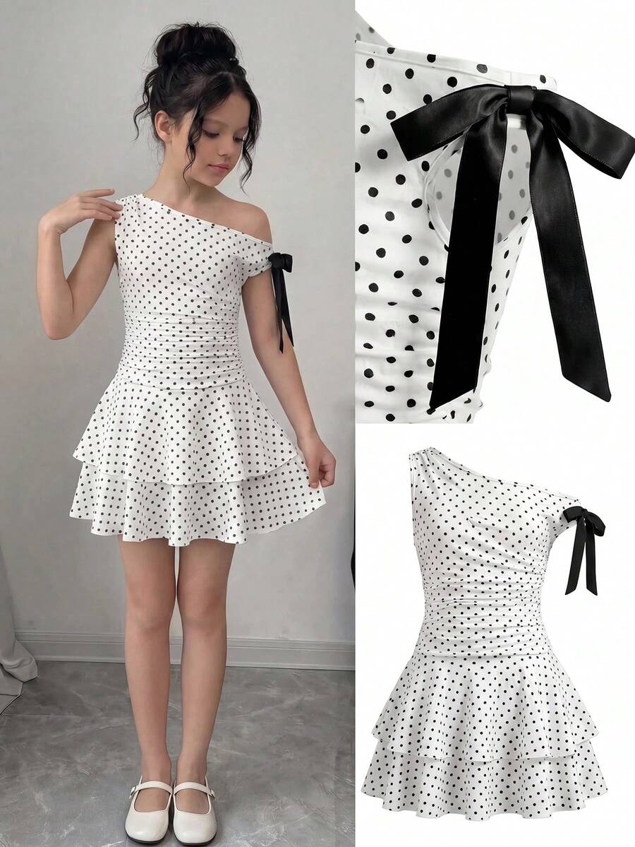 SHEIN Vestido de punto con cuello asimétrico con volantes y lunares elegante para niñas preadolescentes, verano - Blanco - Ver 1
