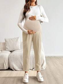 SHEIN 可調腰圍休閒百搭日常穿著孕婦長褲 秋季 - 卡其色 - 查看 5