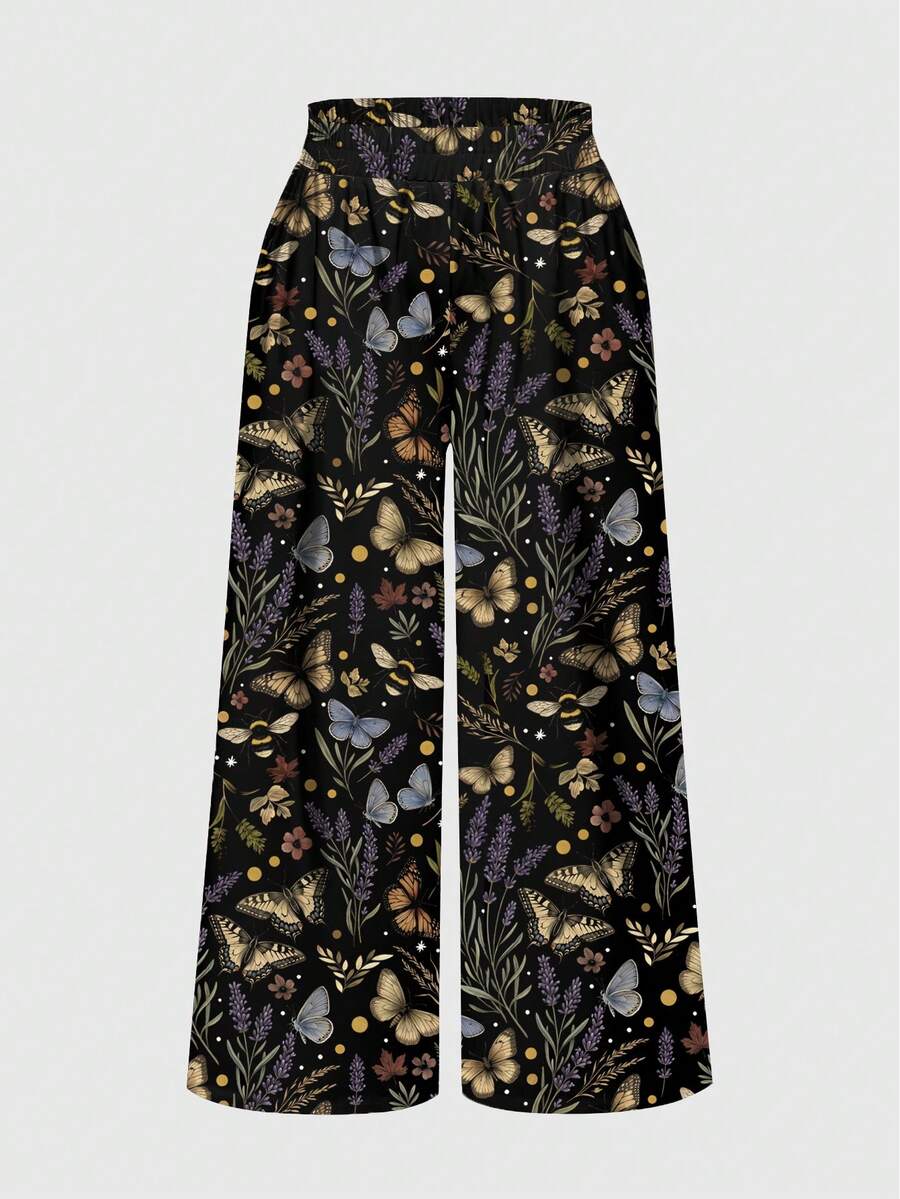 ROMWE Fairycore Plus Size Women's Butterfly Pattern Casual Daily Wear Long Pants - Black - View 1
