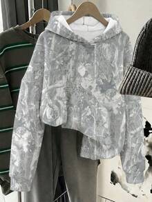 青少年女孩休閒極簡街頭風仿水洗效果樹枝迷彩滿版印花薄款連帽衛衣，適合秋冬與春夏，運動風 - 彩色 - 查看 4