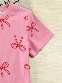 SHEIN Playful Pals 返校季女童休閒可愛圓領標準肩彩色波點彩虹印花T恤與素色牛仔裙褲套裝，夏季 - 粉色 - 查看 8
