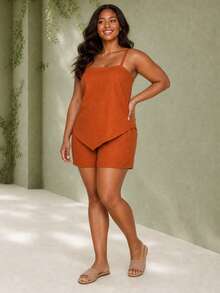 ELLERISSA Plus Size Burnt Orange Linen-Like Cami & Shorts Co-Ord Set - Burnt Orange - View 4