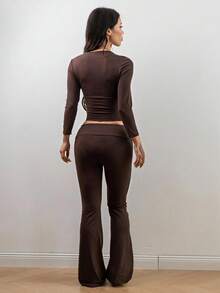 Coolane Setelan Wanita Musim Gugur untuk Beraktivitas di Luar Ruangan, Bahan Elastis, untuk Gym dan Yoga, Terdiri dari Kaos Lengan Pendek dan Celana Legging, 2 Potong/Dua Potong - Coklat - View 2