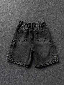 SHEIN 兒童青少年男孩抽繩腰工裝口袋休閒牛仔短褲 - 黑色 - 查看 2