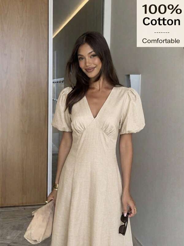 Siren Gaze Women's Solid Color V-Neck Short Petal Sleeve Elegant Long Dress