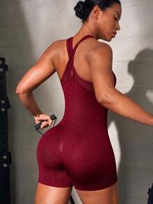 Solea Cove Solea Cove 1pc Burgundy Racerback Seamless Sports Short Jumpsuit, Slim Bodycon Fit, For Gym Weightlifting Workout Summer - Burgundy - View 2