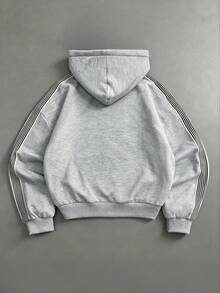 SHEIN 大童秋冬連帽拉鍊夾克單件與燕麥灰側邊白條紋寬鬆連帽開襟衫，星星刺繡與豹紋內裡細節呼應，甜酷復古街頭休閒夾克套裝 - 灰色 - 查看 2