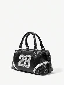 Viva Strut Ladies Bag, Spice Girl Style, Sweet Cool Girl Y2K Punk Style, Digital Embroidery Decoration, Lace Decorative Rivets, Pillow Bag, Slanted Shoulder Bag, - Black - View 3