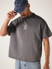 PLAYBOY X SUMWON Oversized Bunny Washed Charcoal Boxy Crop Tee With Chest Logo And Full Back Graphic Slogan Print Short Sleeve Crew Neck T-Shirt - Dark Grey - View 2
