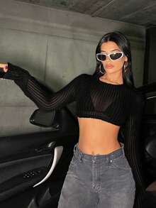 SHEIN ICON Spring Black Solid Crop Top Without Bra - Black - View 7