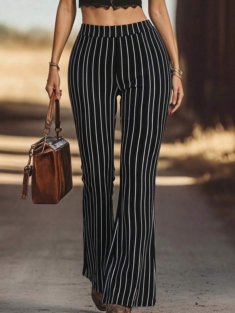 SHEIN SXY 女款條紋休閒百搭日常穿著長褲 - 黑與白 - 查看 1