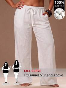 SHEIN Tall CURVE 大尺碼女款抽繩腰休閒百搭日常穿著長褲 - 白色 - 查看 1