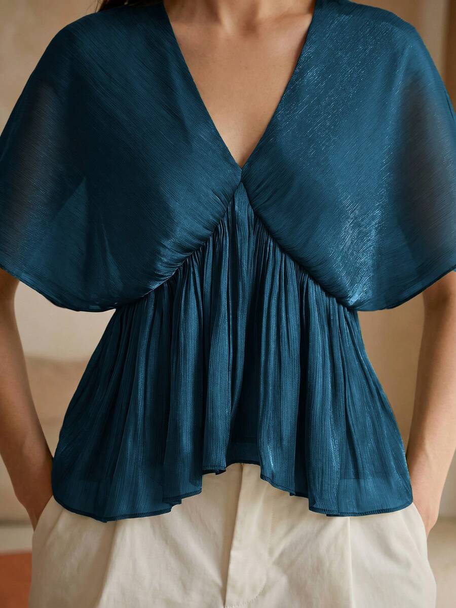 Anewsta Essential Spring/Summer New High-Quality Standard Size Women's Fashion Elegant V-Neck Batwing Sleeve Shiny Waist-Flattering Slimming Short Blouse For Commute And Date - Teal Blue - View 1