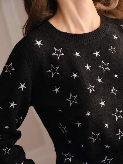 Anewsta Autumn/Winter New Women's Starry Embroidery Knitted Sweater, 3D White Star Applique Round Neck Loose Slimming Versatile Soft Fuzzy Long Sleeve Base Layer