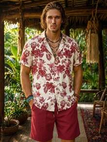 Genlund Plus Size Men Floral Print Single-Breasted Short Sleeve Top And Pocket Shorts Beach Outfit, Holiday - Burgundy - View 4
