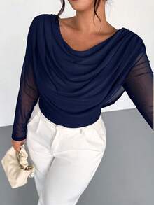 Firerie Plus Size Women Solid Color Casual Versatile Daily Wear T-Shirt Fall - Navy Blue - View 5
