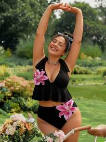 SHEIN Swim 大尺碼春夏數位印花性感優雅比基尼兩件式泳衣 可拆式胸墊鏤空後背寬肩帶 度假海灘派對黑色 - 黑色 - 查看 4