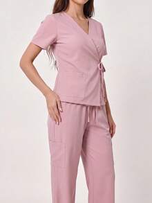 TaskEZ Women's Light Pink Cross Collar Tie Short Sleeve Flared Pants Scrub Uniform Set, Gentle Elegant Practical Scrub - Pink - View 4