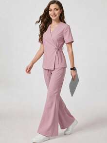TaskEZ Women's Light Pink Cross Collar Tie Short Sleeve Flared Pants Scrub Uniform Set, Gentle Elegant Practical Scrub - Pink - View 5