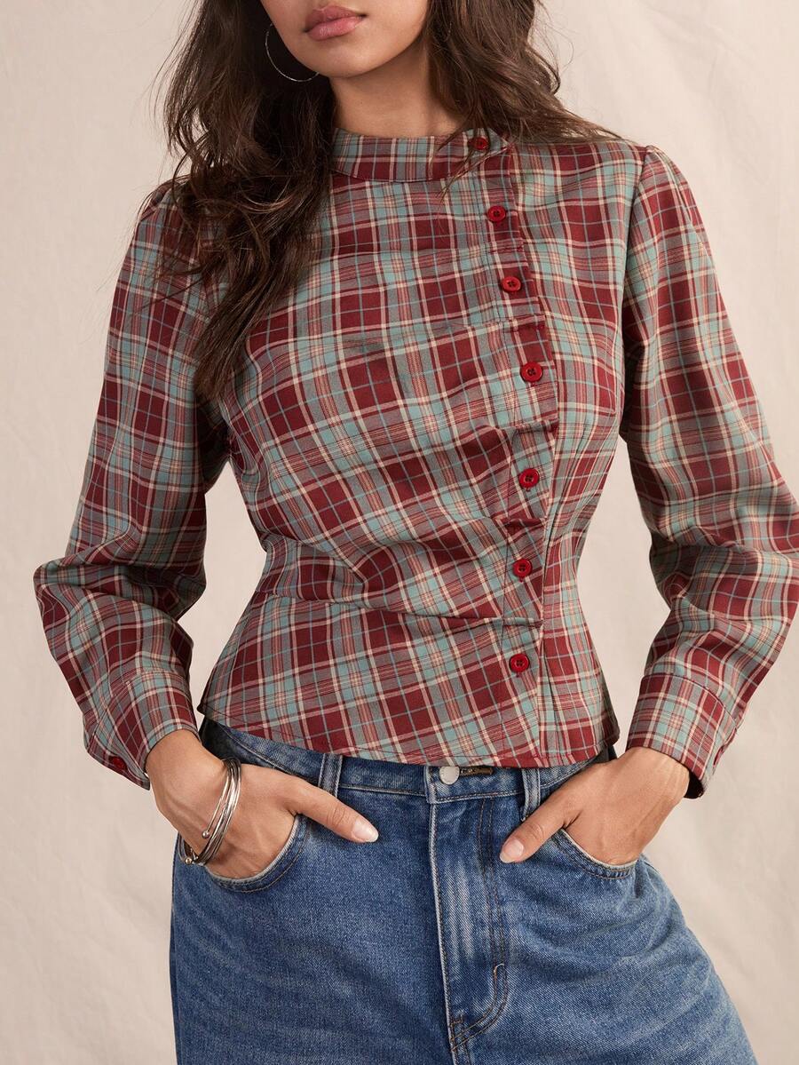 Easelle Vintage Retro Bohemian High Neck Cinched Waist Plaid Women's Blouse Everyday Day Time Dark Teal Autumn - Multicolor - View 1