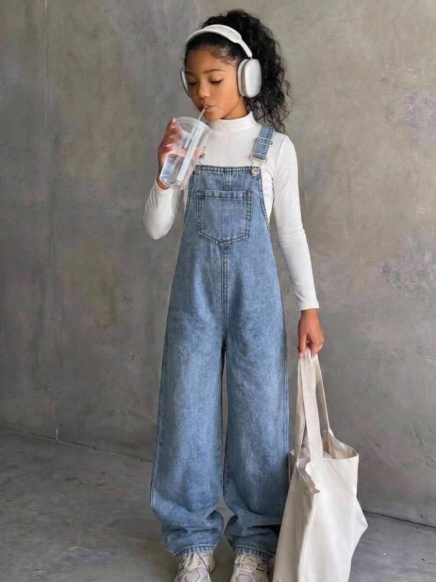 SHEIN Tween Girl Tween Girl Pocket Design Casual Denim Loose Overalls Autumn Winter Back To School - Blue - View 1