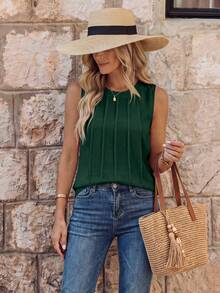 EMERY ROSE Women's Solid Color Round Neck Casual Versatile Tank Top, Summer - Dark Green - View 3
